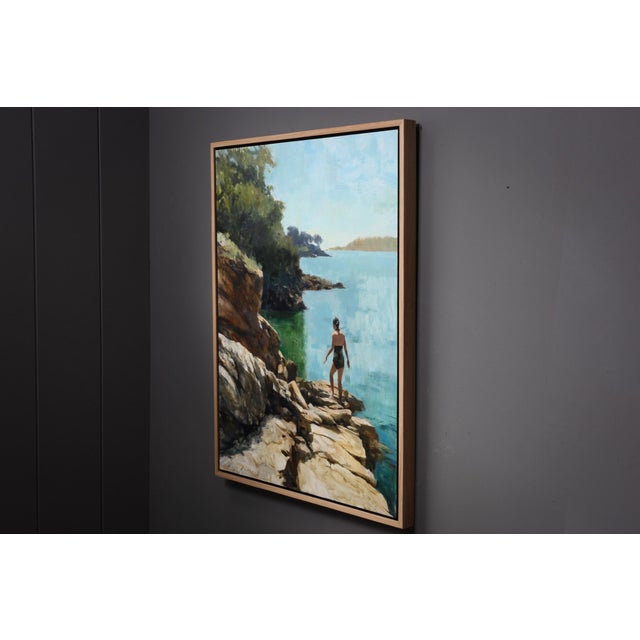 Blue Contemporary Into the Reflections by Jon Doran | Oil on Panel Swimmer on Sunlit Rocks by the Sea For Sale - Image 8 of 9