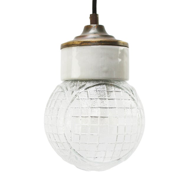 Vintage Industrial Clear Glass and Brass Pendant Lamp For Sale