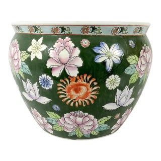 Vintage Chinese Porcelain Goldfish Bowl Planter With Multi Coloured Flowers For Sale