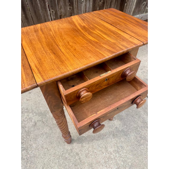 19th Century Antique Flame Mahogany Drop-Leaf Work Table With Rope Twist Legs, C. 1840-1860 For Sale - Image 5 of 11