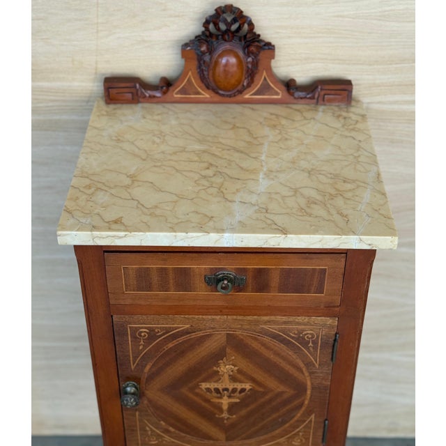 Modern 1900s, Art Nouveau Pair of Mahogany Nightstands with Crest Marble Top For Sale - Image 3 of 18