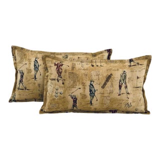 Designer P Kaufmann Blue Brown Berry Gold Green "Round of Golf" Country Club Golfing Pillow Covers- Pair For Sale
