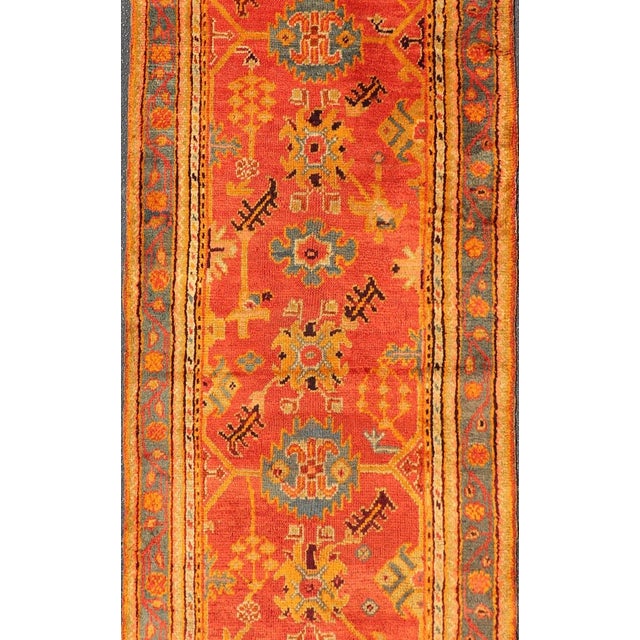 Tribal Red and Light Blue Wide Antique Turkish Oushak Gallery Runner For Sale - Image 3 of 18