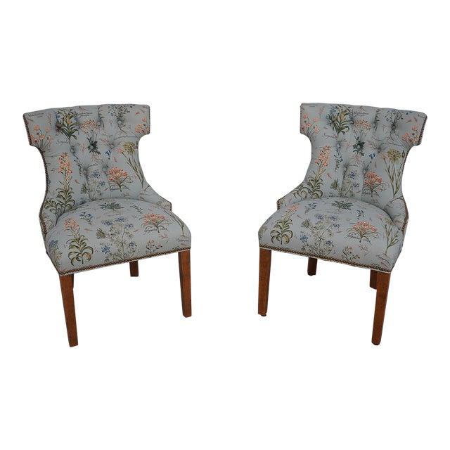Pair Side Chairs W. Plant Print Fabric W. Tack Head Trim For Sale