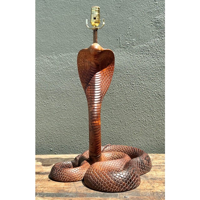 Late 20th Century Vintage Hand Carved Wood Cobra Lamp For Sale - Image 5 of 12
