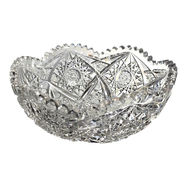 Abp American Brilliant Cut Glass Bowl Stars Arches Sawtooth 8.125" For Sale