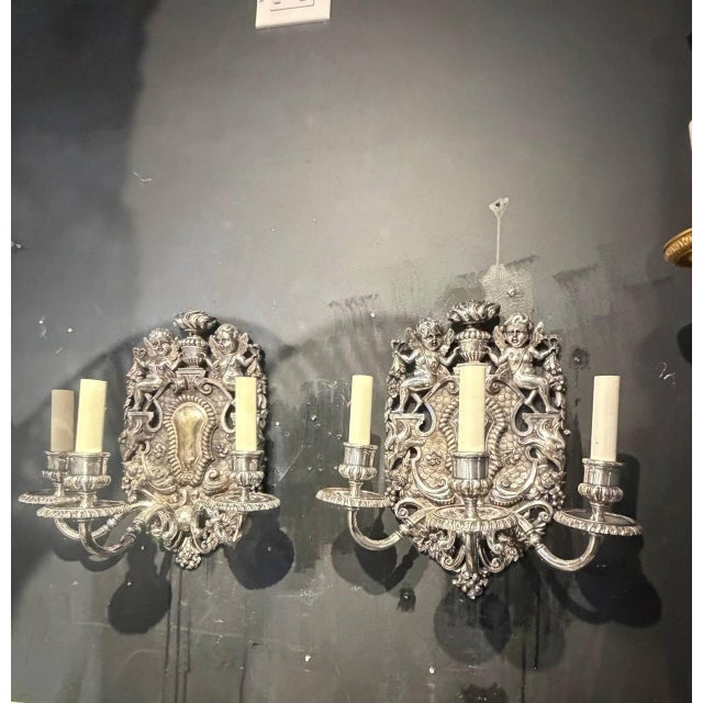 Neoclassical 1900 Caldwell Silver Plated Sconces With Cherubs 3 Lights - a Pair For Sale - Image 3 of 12