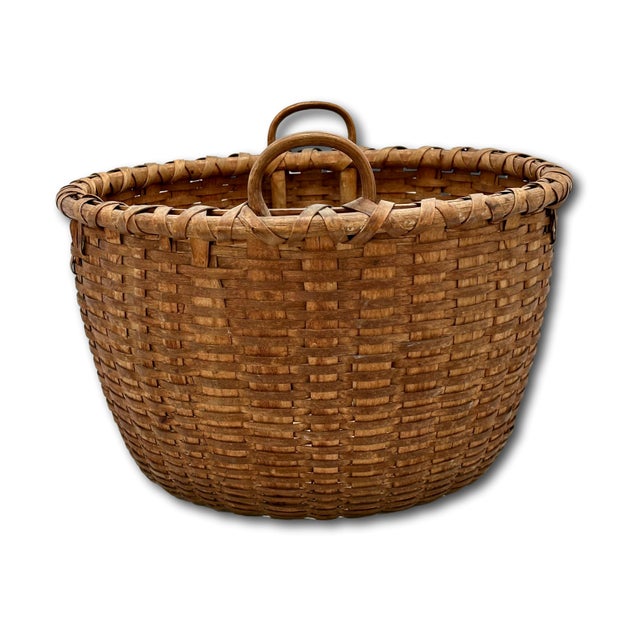Outstanding Large Size Antique American Hand Woven Ash Wood Splint Maine Apple Farm Harvest Basket For Sale - Image 10 of 18