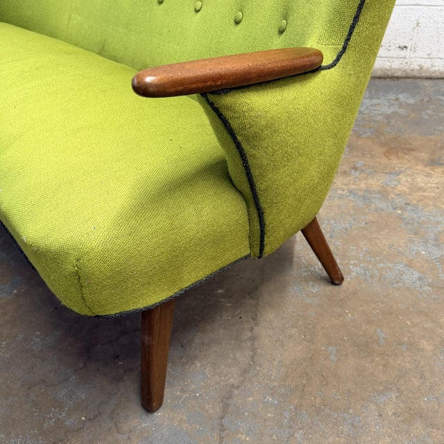 Green Vintage Danish Wingback Sofa With Teak Arms in the Manner of Kurt Olsen, Reupholstery Included For Sale - Image 8 of 13