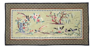 Vintage Chinese Silk Embroidered Cloth With Tropical Birds and Swans in Golden Lake