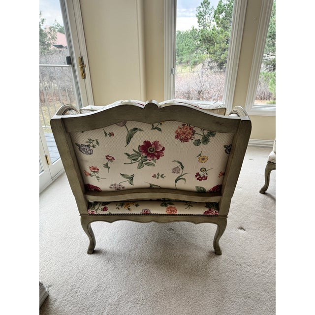 Textile Minton Spidell Pair of Louis Seize Style Painted and Upholstered Bergères For Sale - Image 7 of 8