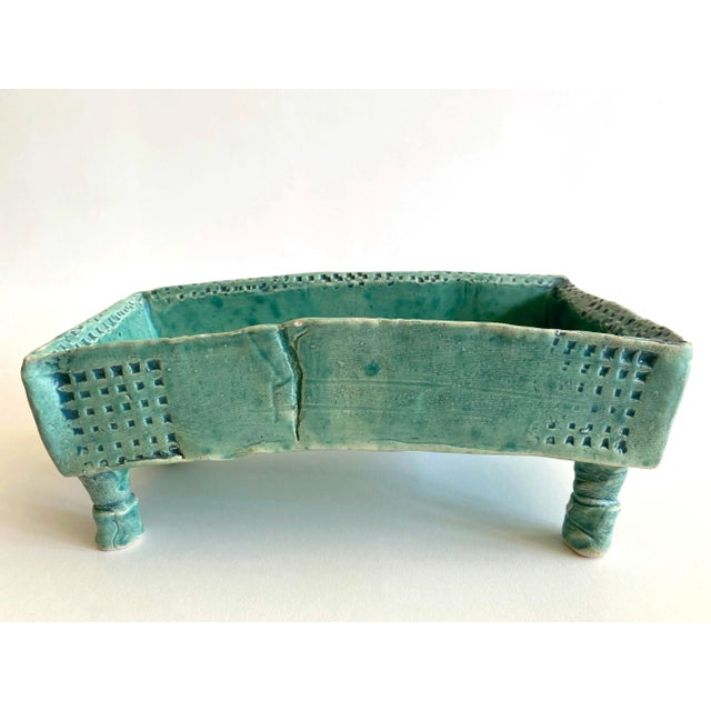 Various Artists Vintage 1980's Organic Modernist Studio Art Pottery Abstract Footed Rectangle Decorative Bowl For Sale - Image 4 of 13
