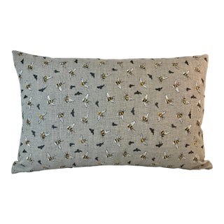 Large Bolster Pillow Decorated With a Swarm of Hand Stitched Look Bees & Their Shadows on a Gray Background and Gray Velvet-Like Backing - Made in U K For Sale