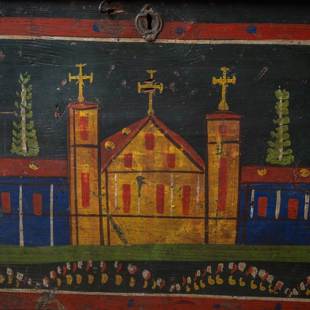 Romanian Painted Blanket Chest With Church Motif, c.1900 For Sale In Savannah - Image 6 of 14
