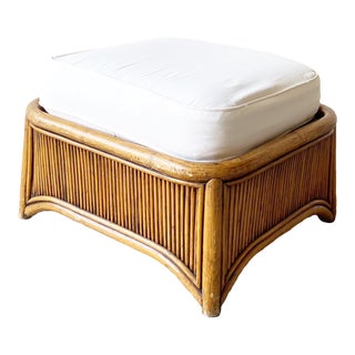 Bohemian Bamboo & Pencil Reed Foot Stool With White Cushion For Sale