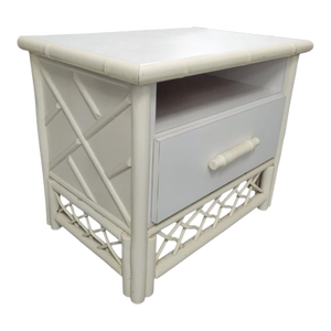 1970s Vintage Ficks Reed Style Chippendale White Faux Bamboo 1 Drawer Nightstand