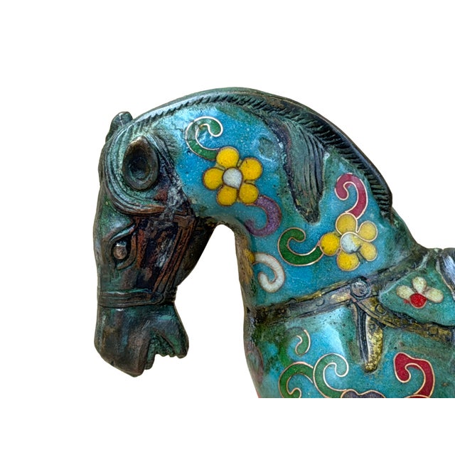 Vintage Chinese Turquoise Blue Flower Cloisonné Enamel Horse Statue For Sale - Image 11 of 13