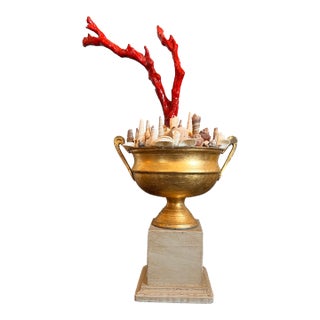 Italian Baroque Gilt Metal Tazza on the Wood Plinth With Faux Red Coral and Vintage Seashell Decor For Sale