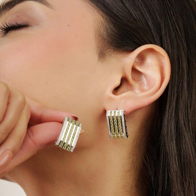 Silver Multi-Band Peridot Zircon Wide Bar Half Hoop Earrings- A Pair For Sale - Image 4 of 12