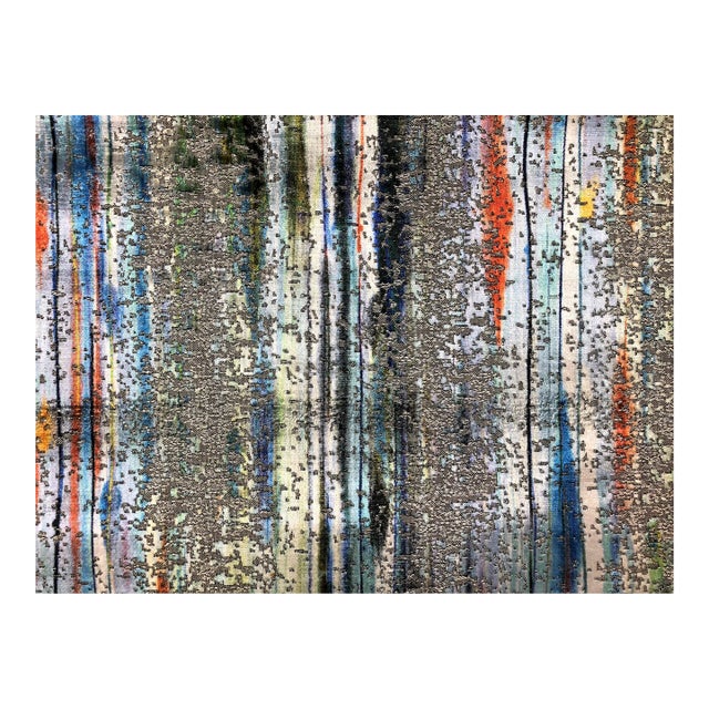 Remnant S. Harris Brushstroke Velvet Textured Abstract Distressed Silver Gray Royal Blue Orange Aqua Green Teal Upholstery Drapery Fabric For Sale