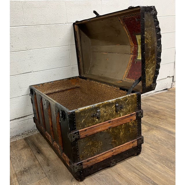 Brown Antique Camel Back Steamer Trunk Chest For Sale - Image 8 of 11