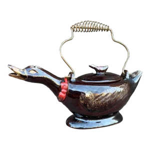 Antique Japanese Redware Goose Teapot With Brass Wire Handle