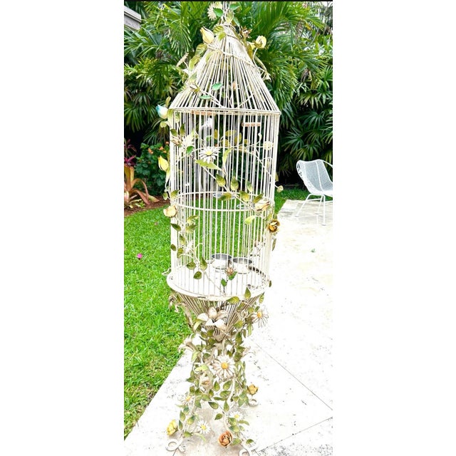 Whimsical vintage Italian bird cage featuring tole flowers aged to perfection with a great patina, could be repainted but...