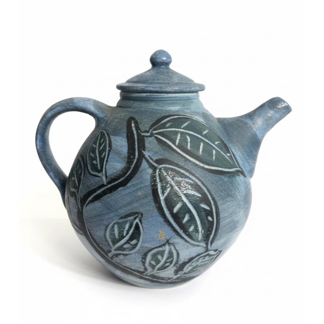 Signed Butterfield Studio Pottery Teapot & 4 Cups – Blue Green Leaf Sgraffito Beautiful coordinated studio pottery set...