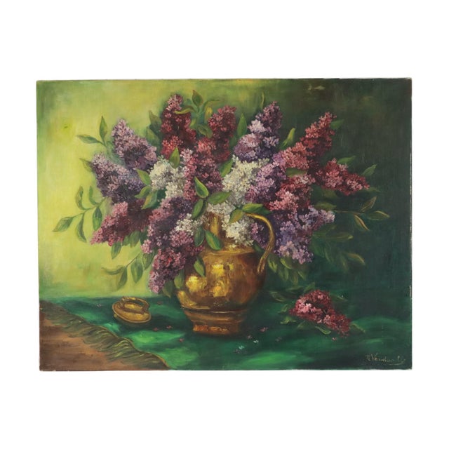 Vandewalle, Still Life Painting with Lilacs, 1960s, Canvas For Sale - Image 16 of 16