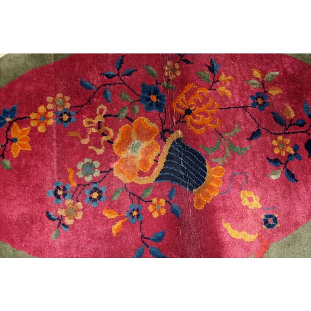 1920s Handmade Antique Oval Art Deco Chinese Rug 2.10' X 4.10' For Sale - Image 4 of 7