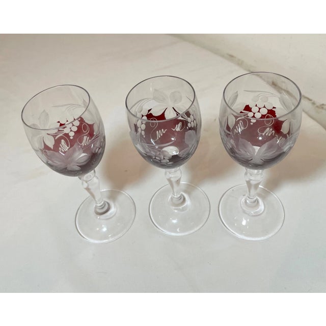 Red 1940s Antique Cut to Clear Crystal Glass Shot Cordial Glasses W/ Stems -Set of Three For Sale - Image 8 of 10
