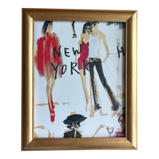 Contemporary Donald Robertson Drawbertson Repro New York Fashionista Print in Vintage Hand-Painted Frame For Sale