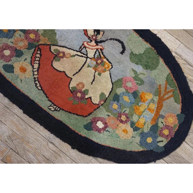 Notable Oval Sky Blue Color, With a Lady and Unique Floral Design Antique American Hooked Rug For Sale - Image 9 of 10