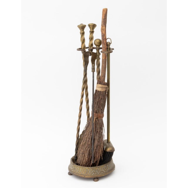Victorian Style Brass Five-Piece Fireplace Tool Set, comprising: shovel, brush, broom, tongs and stand with circular base....