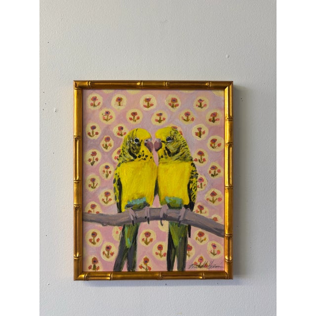Contemporary “Budgies With Pink Flowers ” an Original Painting by Michelle Heimann For Sale - Image 3 of 3