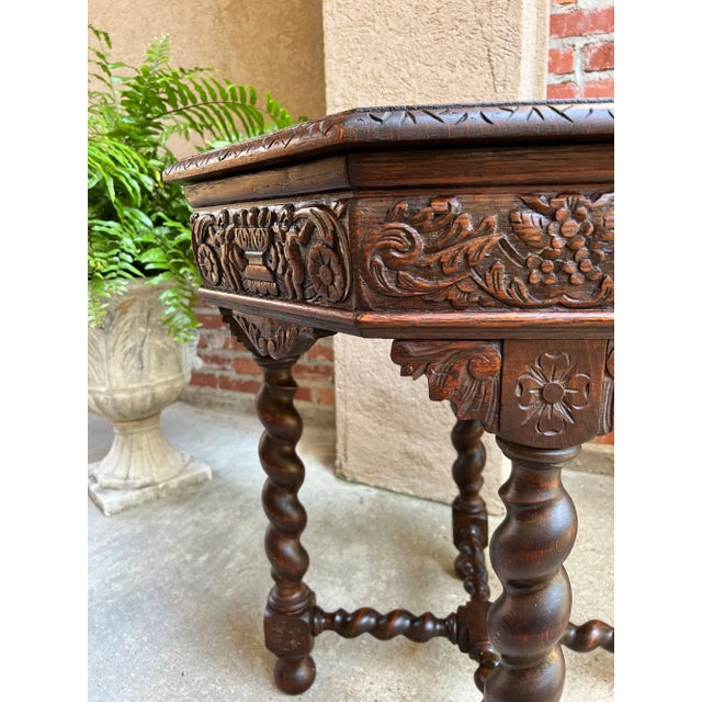 Antique French Octagon Sofa Table Carved Oak Barley Twist Louis XIII Renaissance For Sale - Image 10 of 12
