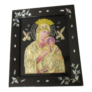 Antique Greek Orthodox Icon Mother of God & Child Reverse Painted on Glass
