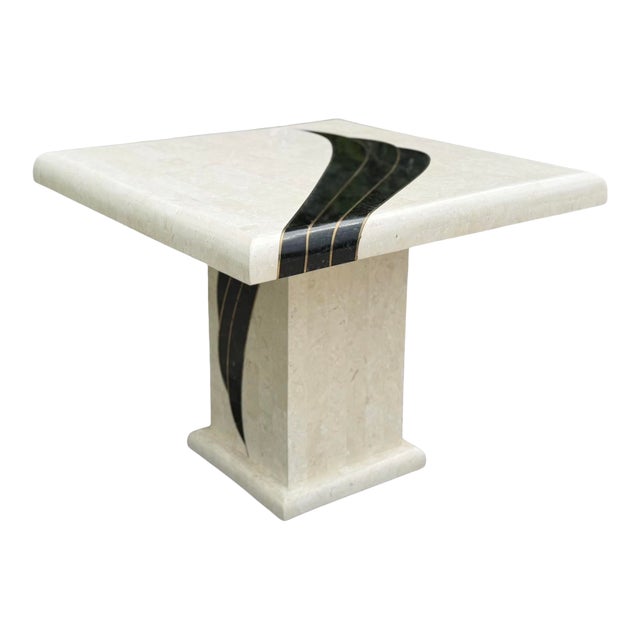 1990 Postmodern Pedestal Accent Table With Black & Brass Inlay For Sale