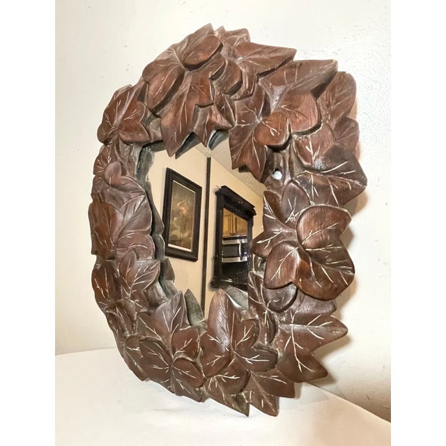 1930s Antique Hand Carved Folk Art Wood Leaf & Vine Wall Mirror Sculpture Art Carving For Sale - Image 5 of 11