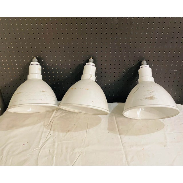 White 3 Vintage Industrial Enamel Light Domes For Sale - Image 8 of 8