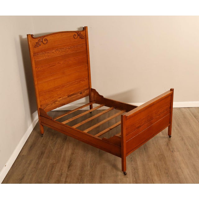 High Quality Antique American Made Oak Full Size Bed Frame Featuring A Tall Plank Style Headboard Accented With Hand...