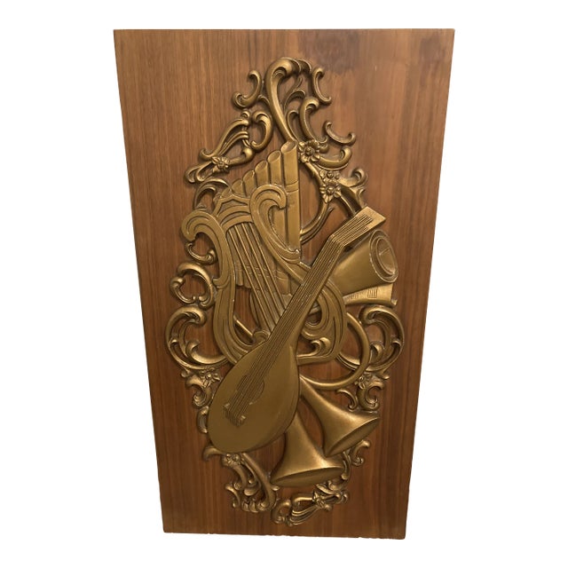 Mid Century Wood & Brass Musical Wall Hanging For Sale