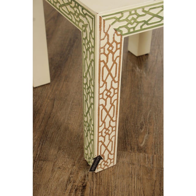 Hollywood Regency Pair Of Lacquered Greek Key Glass Top End Tables For Sale - Image 12 of 18