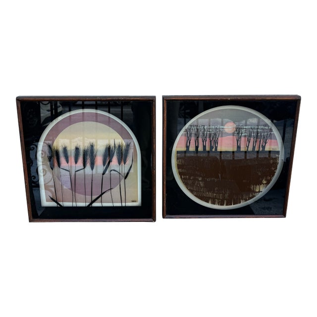 1960s Virgil Thrasher Lucid Lines “Wheat” “Ten Trees” Wall Art - Set of 2 For Sale