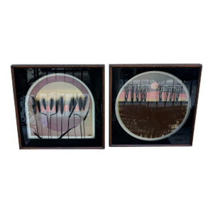 1960s Virgil Thrasher Lucid Lines “Wheat” “Ten Trees” Wall Art - Set of 2