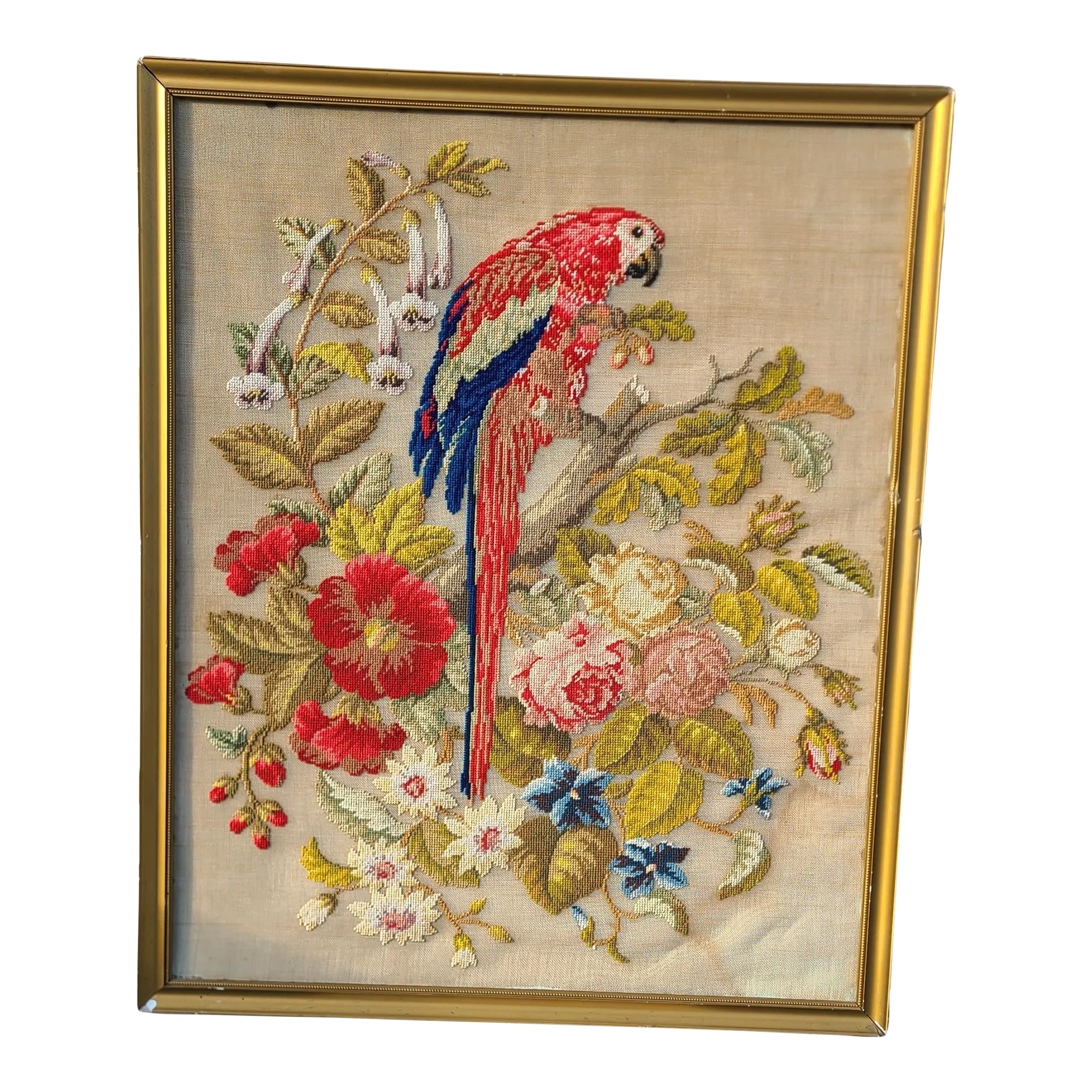 ヨーロッパアート　額縁セット　NEEDLEPOINT Vintage Vintage Macaw Parrot & Botanical Motif Folk Art Crewel