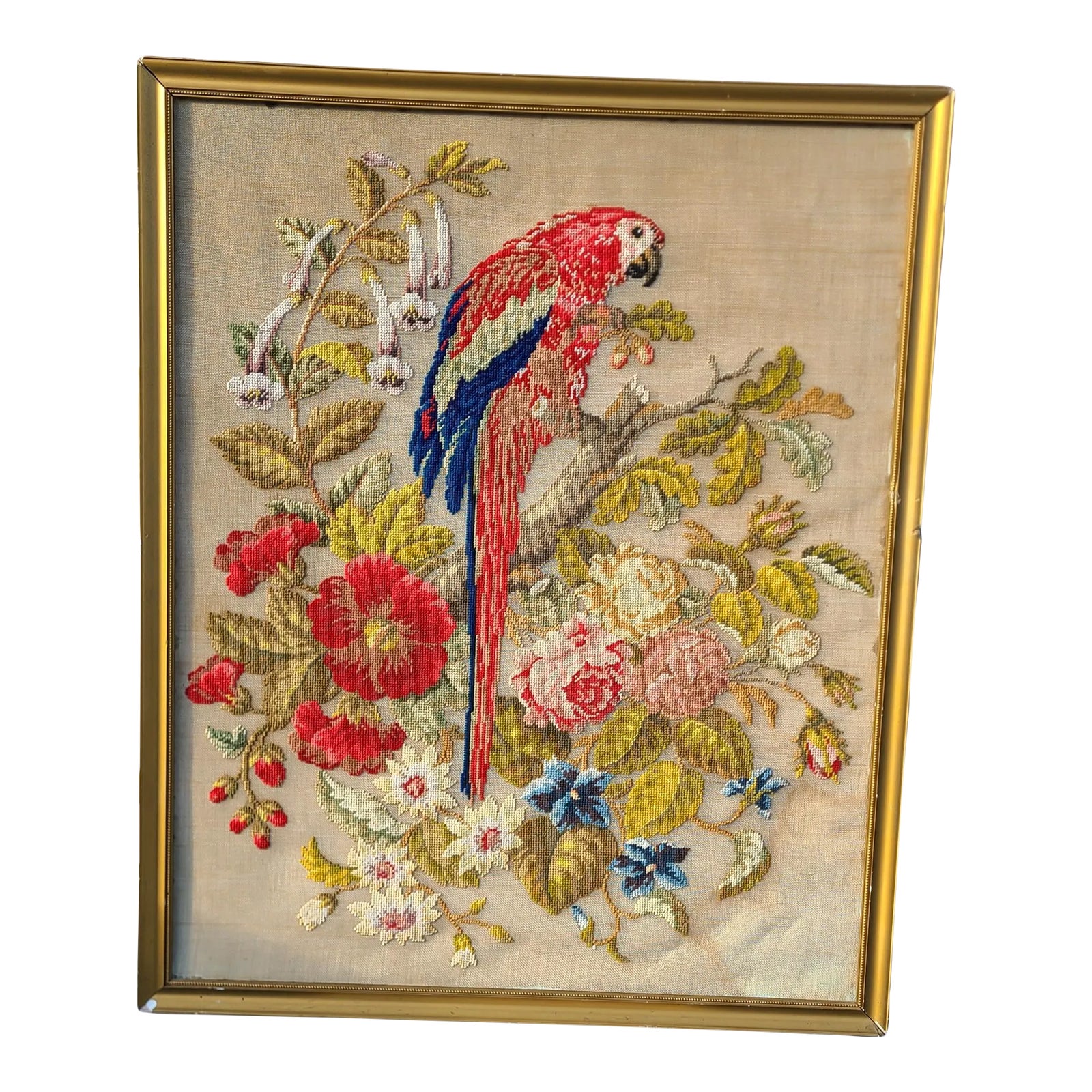 Vintage Macaw Parrot & Botanical Motif Folk Art Crewel