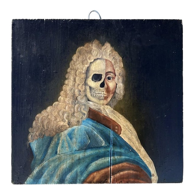 Memento Mori Baroque Style Oil on Wood Panel Portrait Painting a French Nobleman With Dual Faced Man For Sale