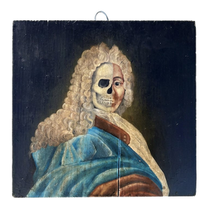 Memento Mori Baroque Style Oil on Wood Panel Portrait Painting a French Nobleman With Dual Faced Man