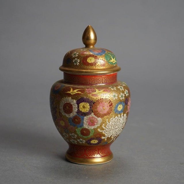 Antique Japanese Satsuma Hand Painted Floral & Gilt Pottery Lidded Urn C1920 For Sale - Image 4 of 8